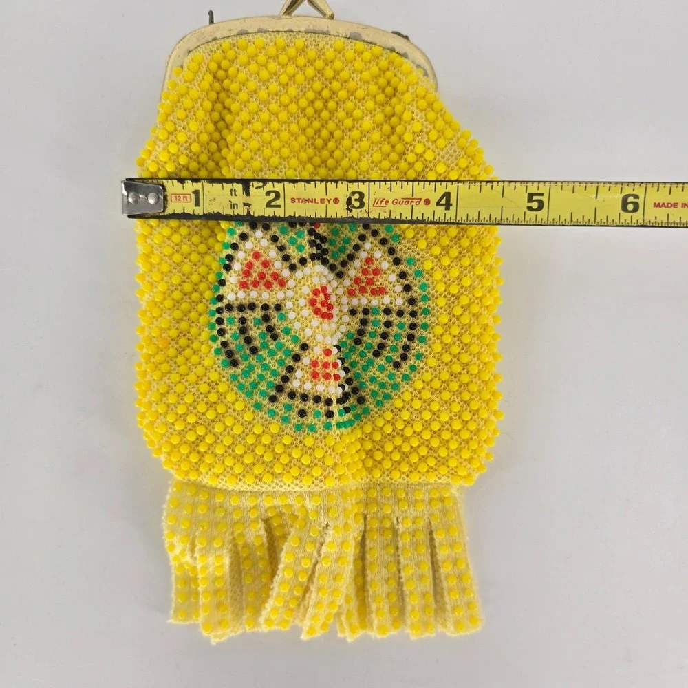 Vintage Thunderbird Indy 500 Beaded Souvenir Purse Yellow Fringe Kiss Lock‎